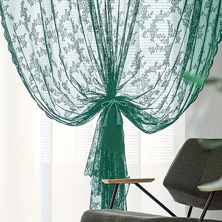 Vintage Lace Door Curtain with Wave Edge – Semi-Sheer Floral Embroidered Rod Pocket Panel for Home, Hallway & Outdoor | White, Black & Green