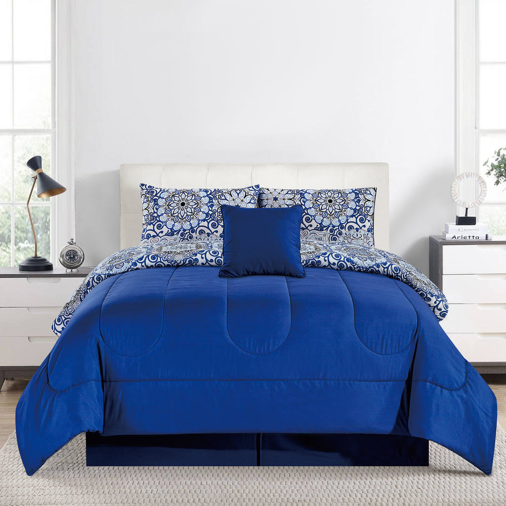 5-Piece Comforter Set – Reversible Quilted Down Alternative Bedding Set with Pillow Shams, Bed Skirt & Cushion | All Season | Twin, Queen, King