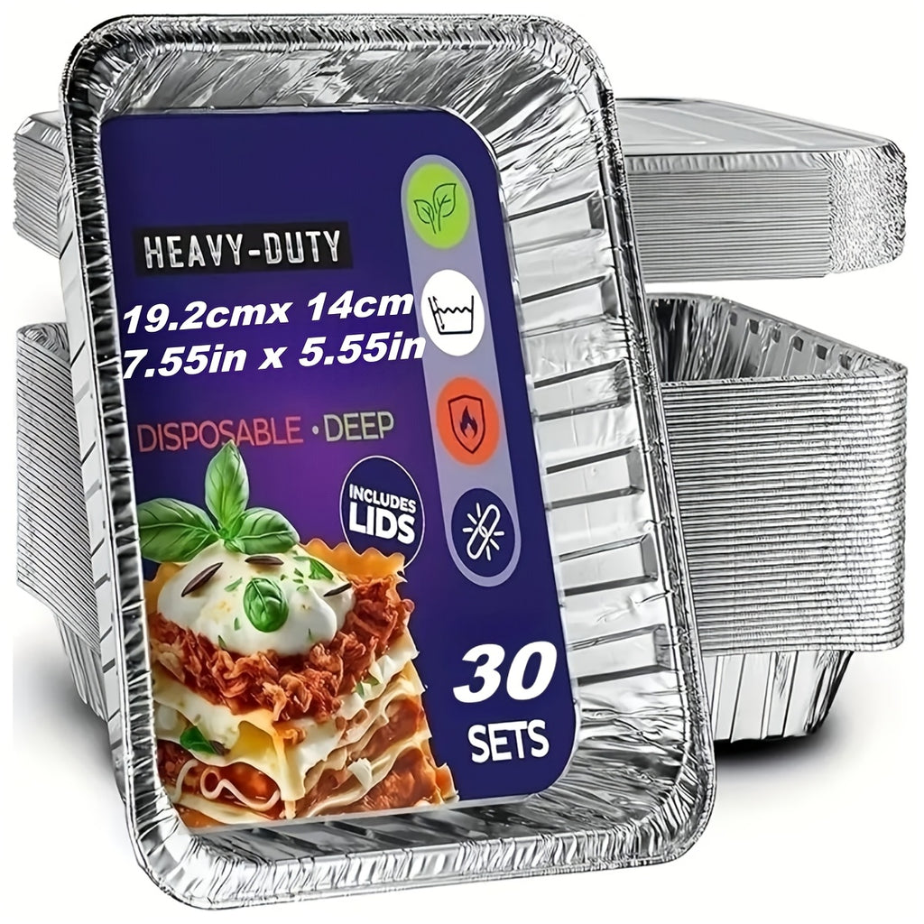 Disposable Aluminum Foil Pans 30 Pack with Lids – Square Tin Foil Meal Prep Containers for Oven, BBQ & Baking | Thick Heavy-Duty Takeaway Boxes