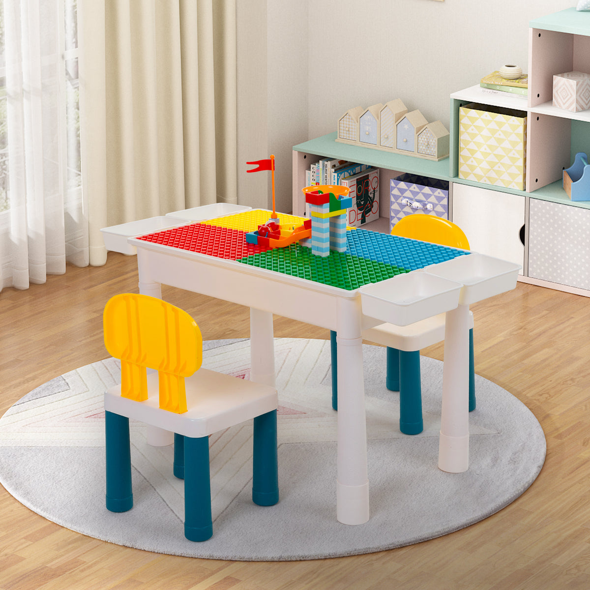Kids Activity Table Set with 2 Chairs & 100Pcs Building Blocks – 7-in-1 Toddler Play Table, Adjustable Height, Water Sand Writing Block Table for Boys Girls Ages 3-6, STEM Learning Toy Gift