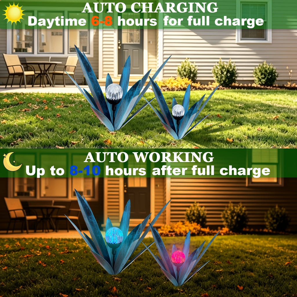 Metal Agave Solar Garden Lights Set of 2 (Large & Small) – Auto Dusk-to-Dawn Outdoor Stake Lights for Lawn, Courtyard, Garden & Patio Decor, 8 Color Options