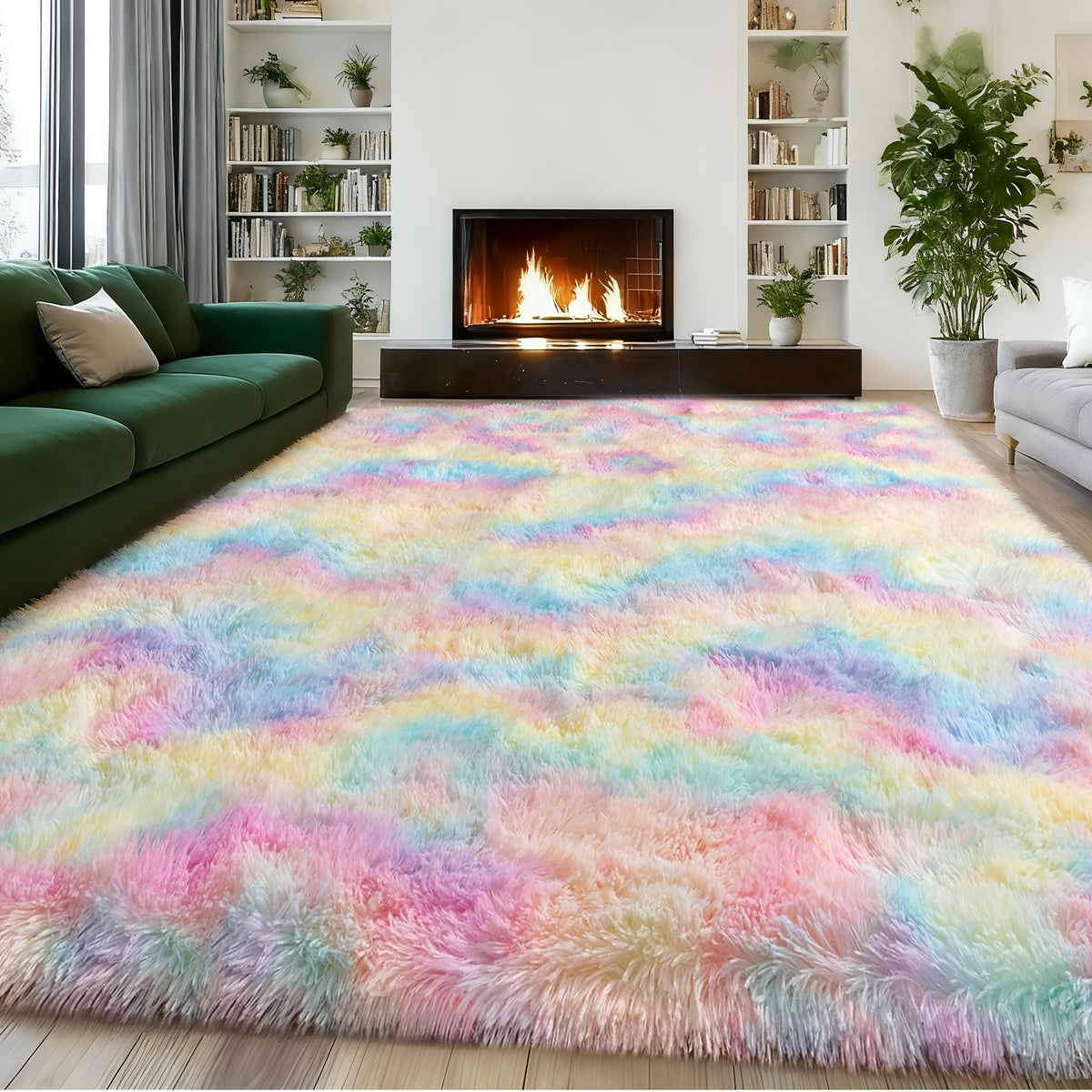 Rainbow Shag Area Rug Tie-Dye Fluffy - Soft Non-Slip Machine Washable Carpet for Living Room Bedroom Dining Room Home Office, 4 Sizes