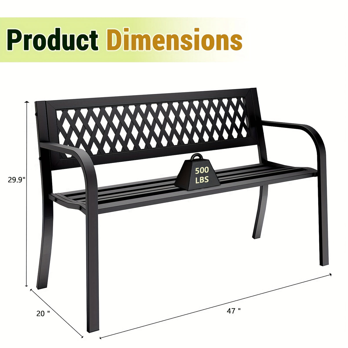 Outdoor Metal Garden Bench 47in with Backrest Armrests 500LBS Capacity Park Bench for Courtyard Garden Yard Front Porch Black
