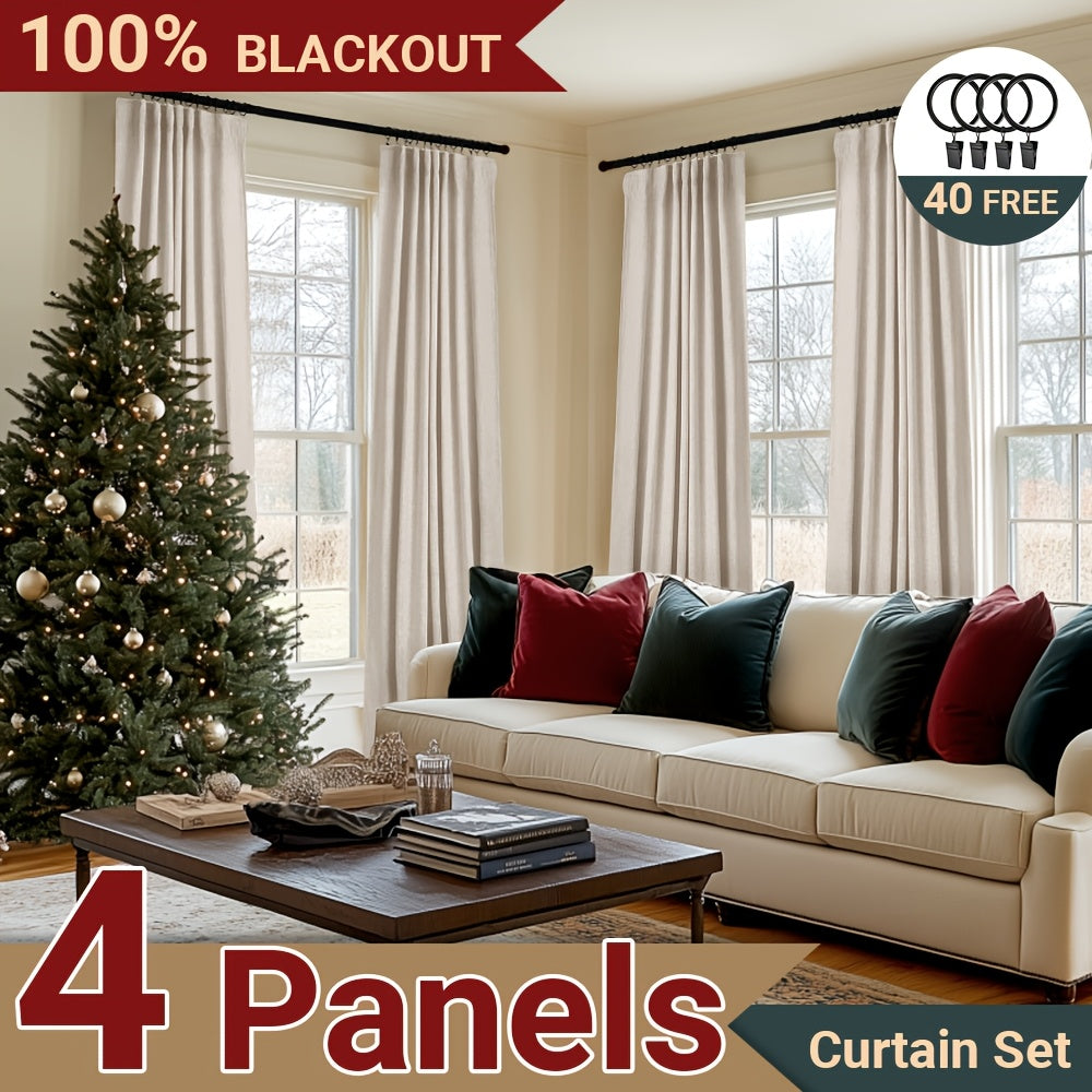 100% Blackout Faux Linen Curtains 4 Panels - Thermal Insulated Drapes with Clip Rings or Rod Pocket, Extra Wide 50" Panels for Bedroom Living Room, 10 Colors 4 Lengths