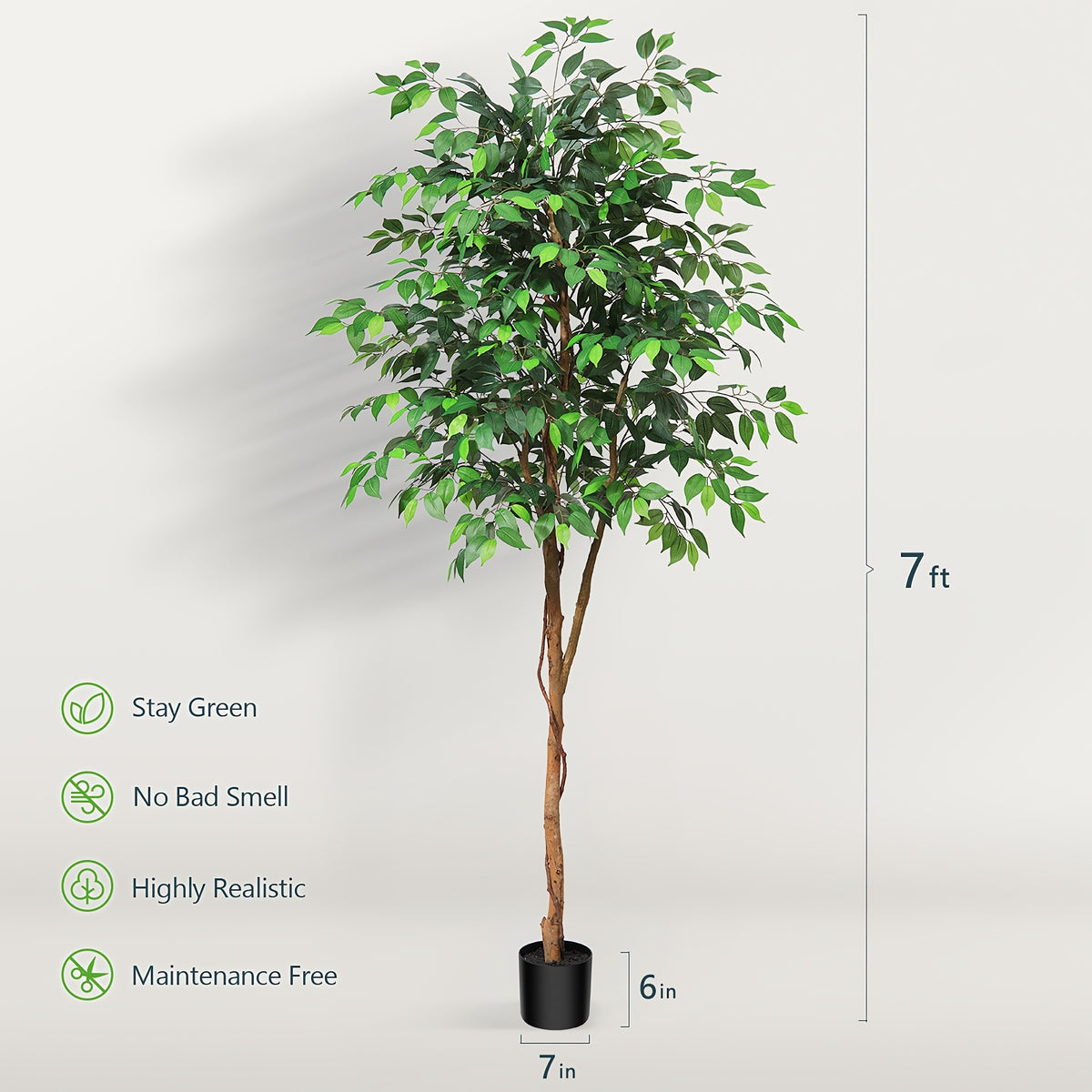 Artificial Ficus Tree 4ft 5ft 7ft Tall – Faux Greenery Potted Plant with Natural Wood Trunk, Lifelike Silk Leaves, Maintenance-Free Elegant Decor for Indoor Outdoor Living Room Bedroom Office