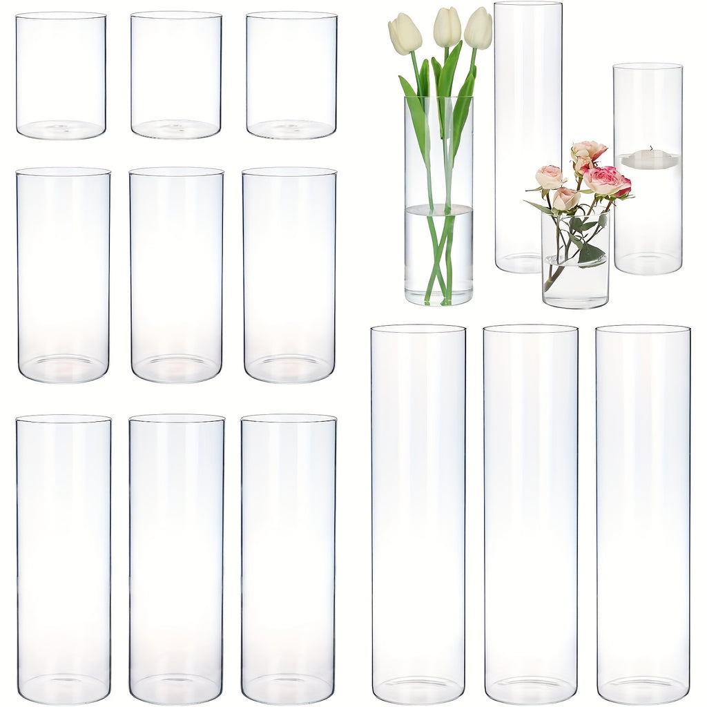 Glass Cylinder Vases Set 12 24pcs 4 Sizes 4 6.8 9 12 Inch Clear Tall Vase & Candle Holder for Wedding Centerpieces, Home Decor Party Table, DIY Candle Making, Flower Arrangements