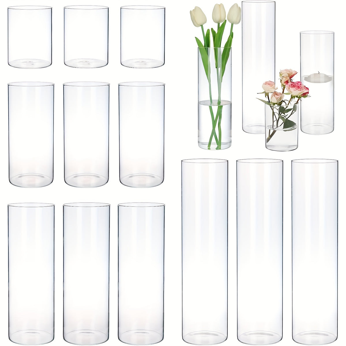 Glass Cylinder Vases Set 12 24pcs 4 Sizes 4 6.8 9 12 Inch Clear Tall Vase & Candle Holder for Wedding Centerpieces, Home Decor Party Table, DIY Candle Making, Flower Arrangements