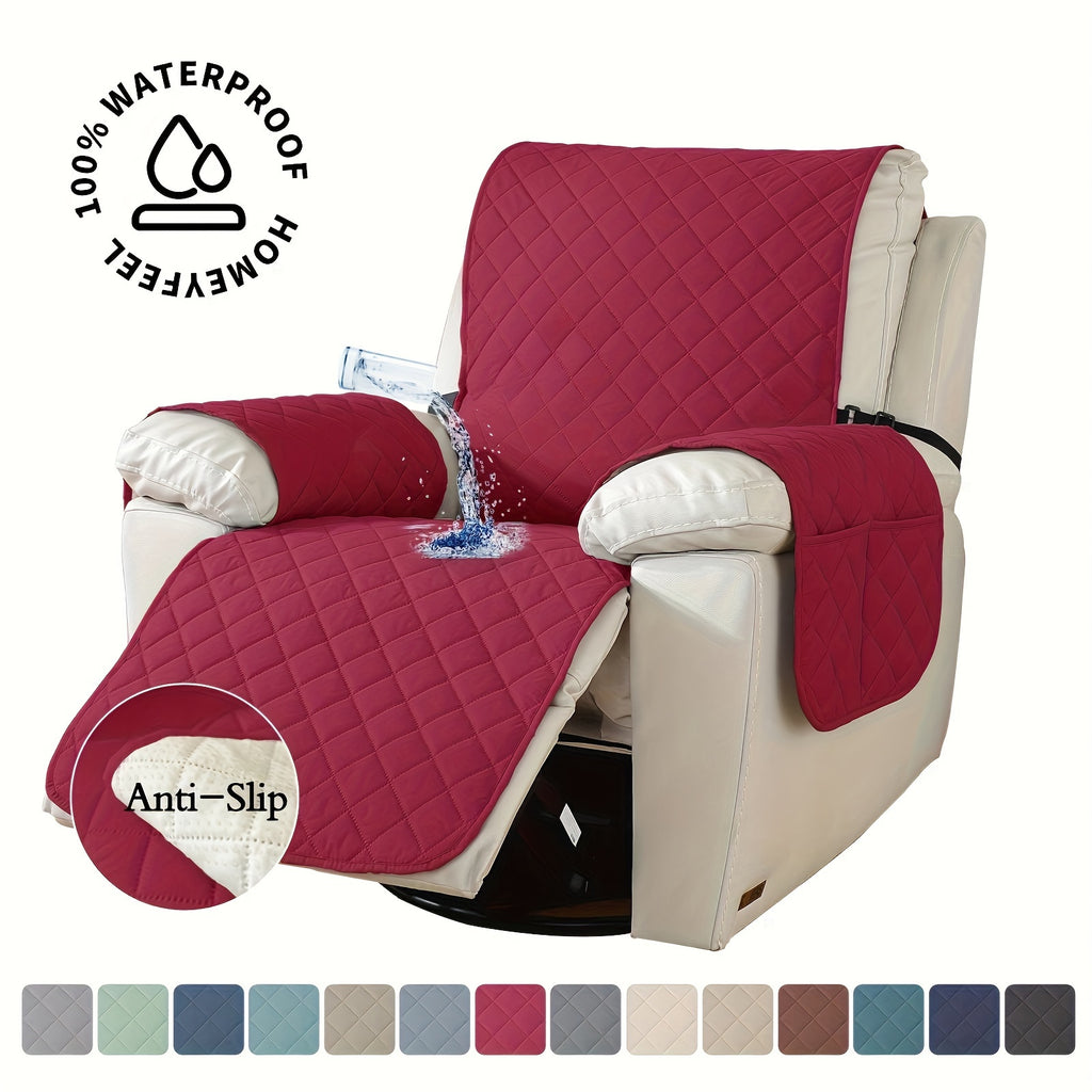 Recliner Chair Cover Waterproof Non-Slip, Oversized Recliner Slipcover with Side Pocket & Elastic Straps, Washable Furniture Protector for Dogs & Pets, Warm Cozy Chair Cover, 1 Piece