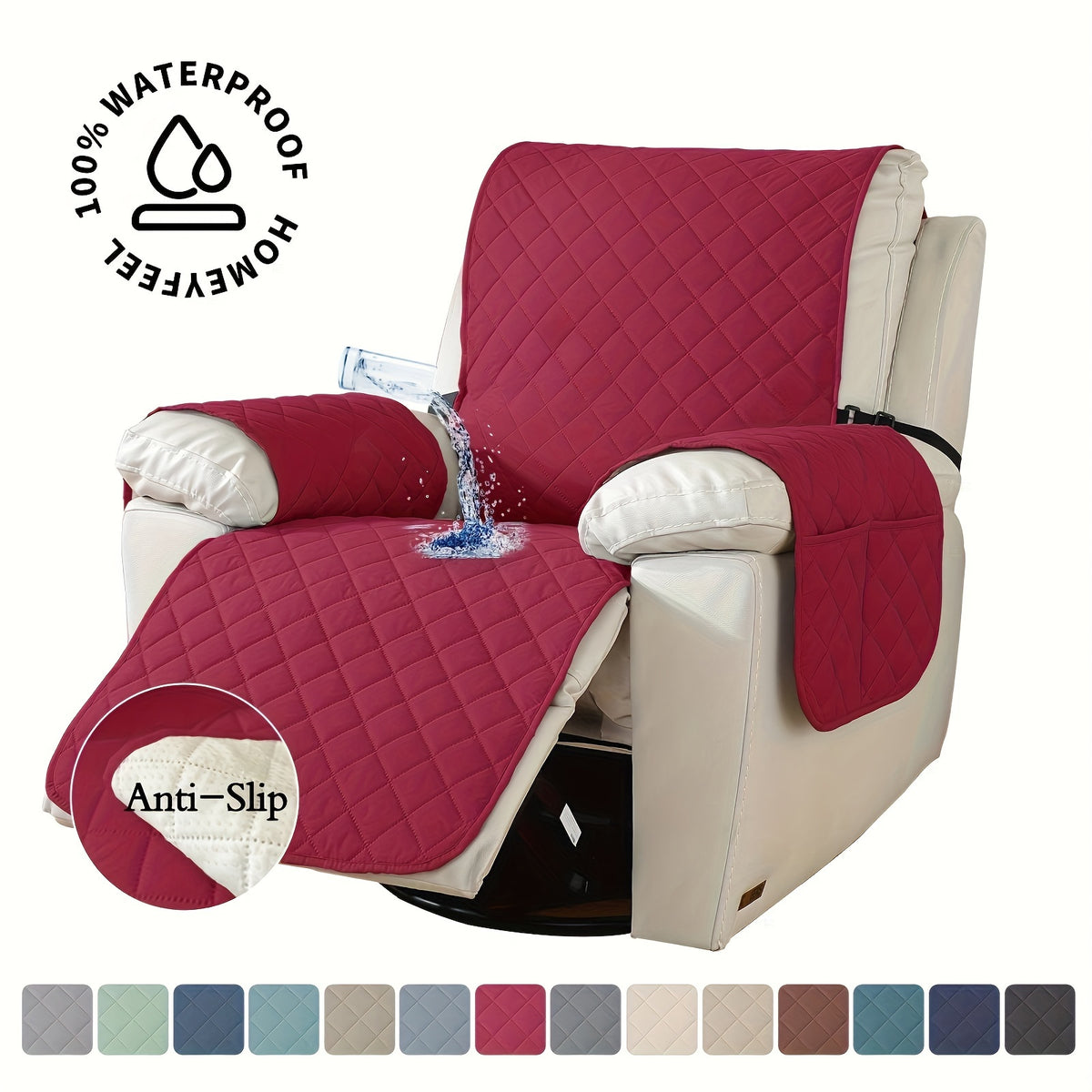 Recliner Chair Cover Waterproof Non-Slip, Oversized Recliner Slipcover with Side Pocket & Elastic Straps, Washable Furniture Protector for Dogs & Pets, Warm Cozy Chair Cover, 1 Piece