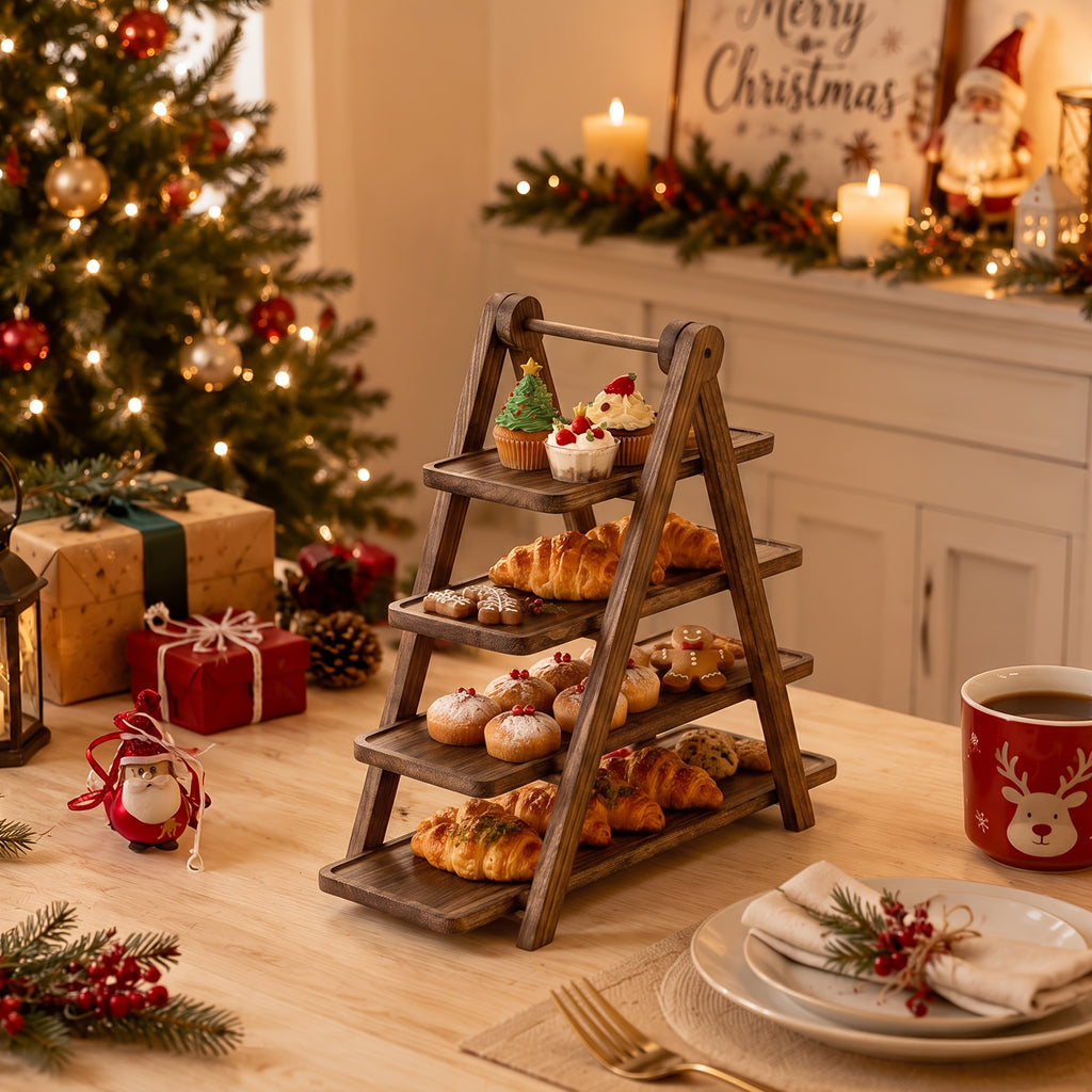 3 Tier Wood Dessert Stand Foldable Natural A-Frame Tray for Wedding Party Home Hotel Restaurant Event Cupcake Cake Display Sturdy Serving Stand