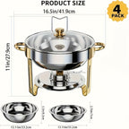 Stainless Steel Buffet Hot Pot Food Warmer Set with Glass Lid & Lid Rack, 5QT Round Chafing Dish for Party Catering Wedding – 1, 2 or 4 Pcs