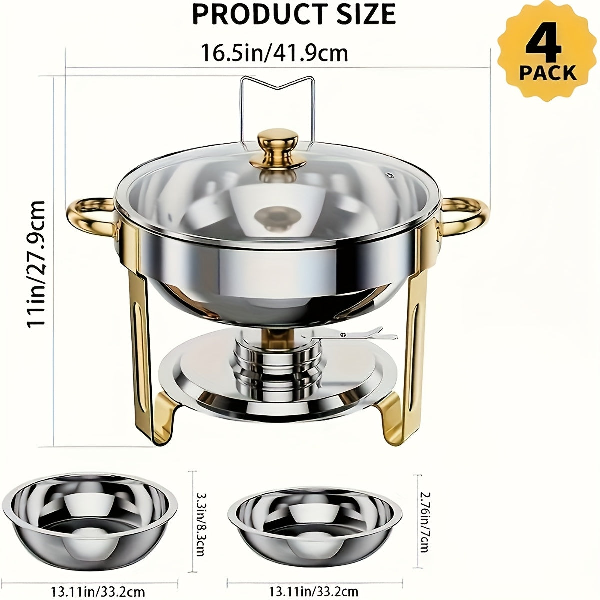 Stainless Steel Buffet Hot Pot Food Warmer Set with Glass Lid & Lid Rack, 5QT Round Chafing Dish for Party Catering Wedding – 1, 2 or 4 Pcs