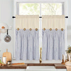 Striped Patchwork Semi-Sheer Rod Pocket Curtains – Bohemian Tiered Window Panels for Bedroom, Living Room, Kitchen, Bathroom & Cafe | 1 or 2 Pcs