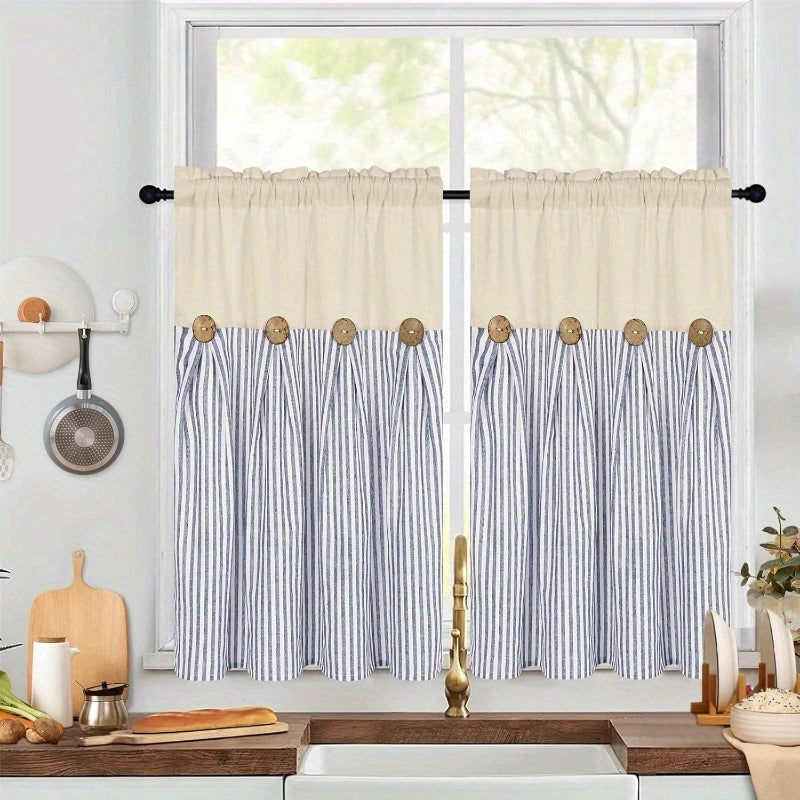Striped Patchwork Semi-Sheer Rod Pocket Curtains – Bohemian Tiered Window Panels for Bedroom, Living Room, Kitchen, Bathroom & Cafe | 1 or 2 Pcs
