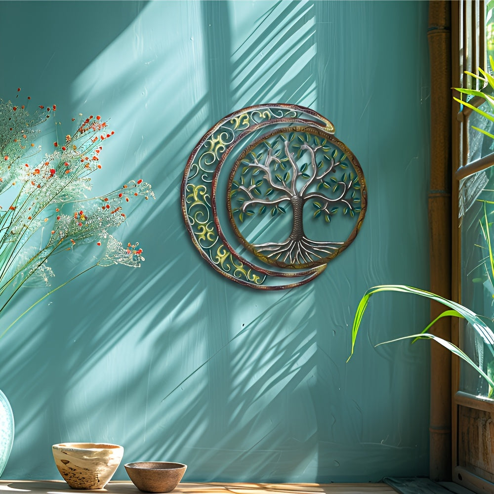Moon & Green Tree Iron Wall Sculpture 15.75×15.75 Inch – Art Deco Metal Wall Hanging Decor for Home, Patio, Yoga Studio & Teahouse, Holiday Gift for Wedding, Christmas, Thanksgiving & Halloween