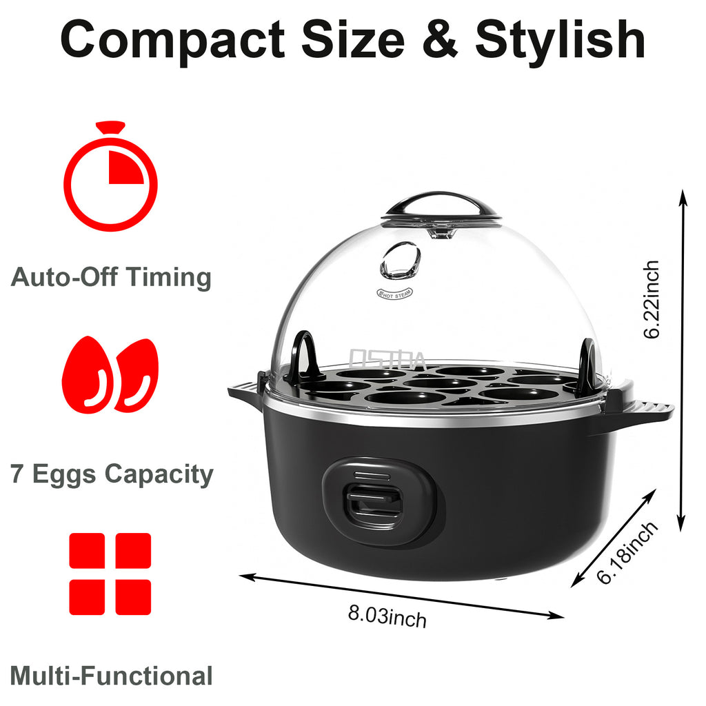 Electric Egg Cooker 7-Egg Capacity Rapid Egg Boiler with Musical Buzzer & Overheat Protection - Hard Soft Medium Boiled Eggs, Egg Poacher & Mini Food Steamer - Easy Clean, Black