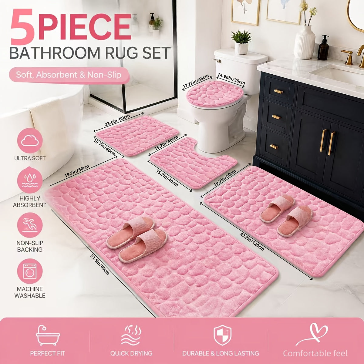 Super Absorbent Bath Mat Set 5 Piece Non-Slip Ultra Soft Bathroom Rugs, Premium Floor Mats for Bathtub Shower Vanity, 4 Colors Available