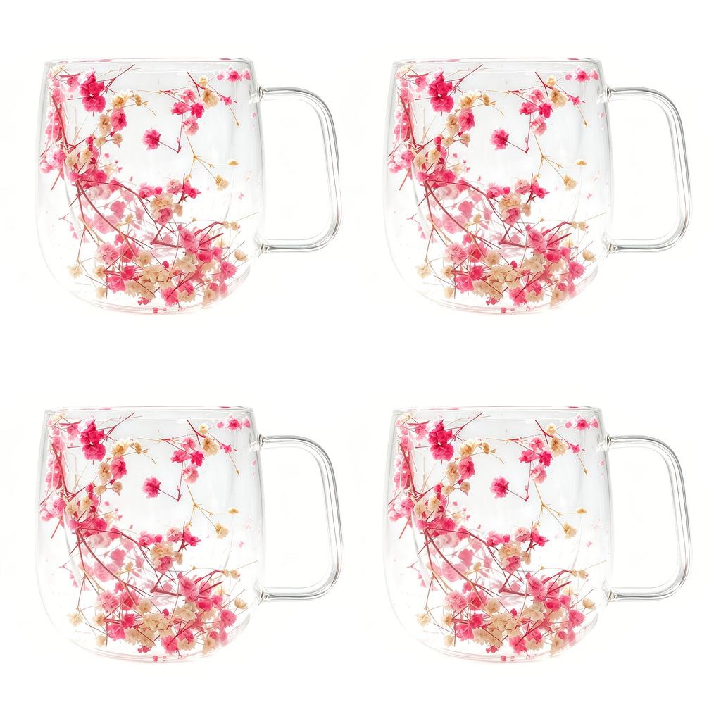 Double Wall Glass Coffee Cups Set of 4 with Handle – 12oz Leakproof Thermal Mugs for Tea, Latte & Cappuccino | Dried Flower & Petal Designs | Gift for Coffee Lovers