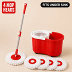 Spin Mop and Bucket Set with 4 Microfiber Heads - Compact Self-Wringing Hands-Free Floor Mop for Apartments Dorms & Small Spaces Fits Under Sink
