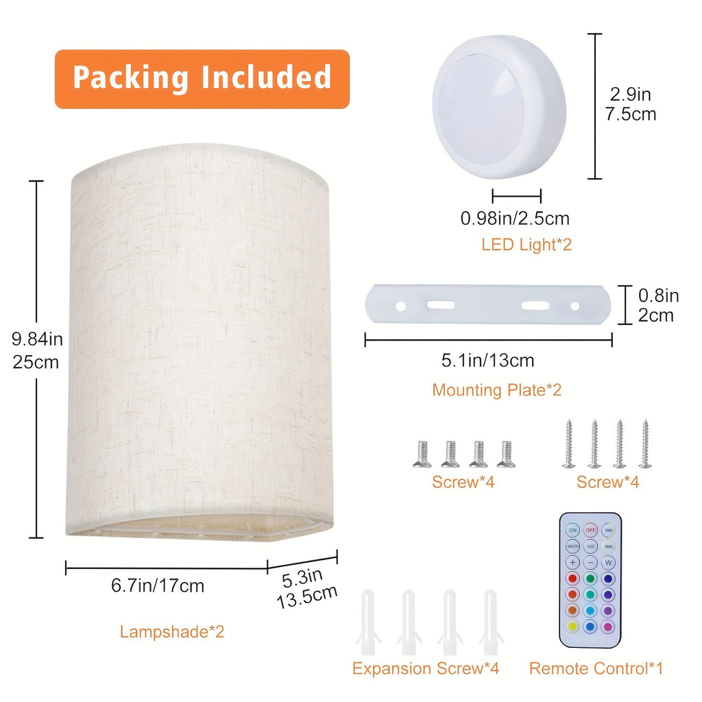 LED Wall Sconce Set of 2 Battery-Powered RGBW Dimmable - Linen Fabric Shade, Remote Control, No Wiring, for Bedroom Living Room Hallway Decor | Nuvia Haven