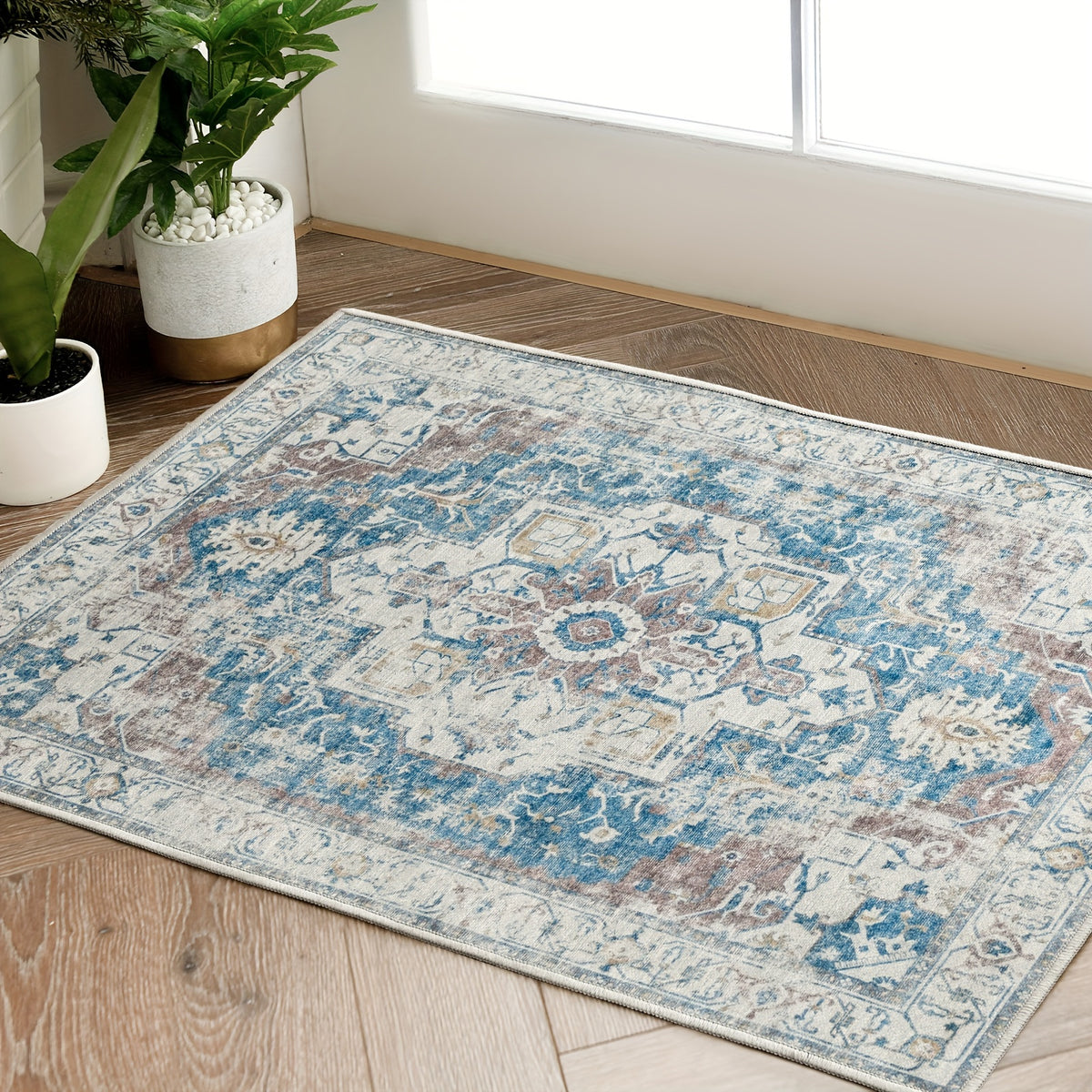 Washable Vintage Area Rug - Chenille Retro Distressed Multi-Print Foldable Lightweight Accent Rug for Entryway Bathroom Kitchen Living Room and Bedroom