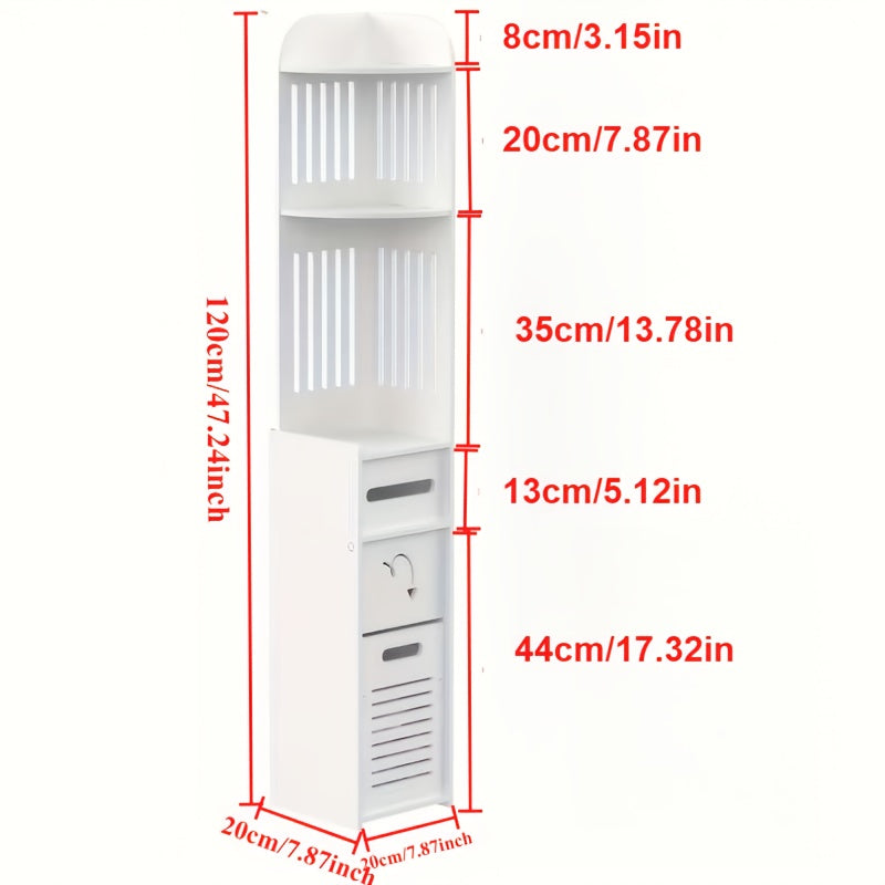 47-Inch Slim Floor Bathroom Storage Cabinet with Toilet Paper Holder & Hidden Trash Can – Narrow PVC Space-Saving Organizer Shelf for Small Bathroom, Apartment, Dorm, Kitchen, Laundry Room & Entryway