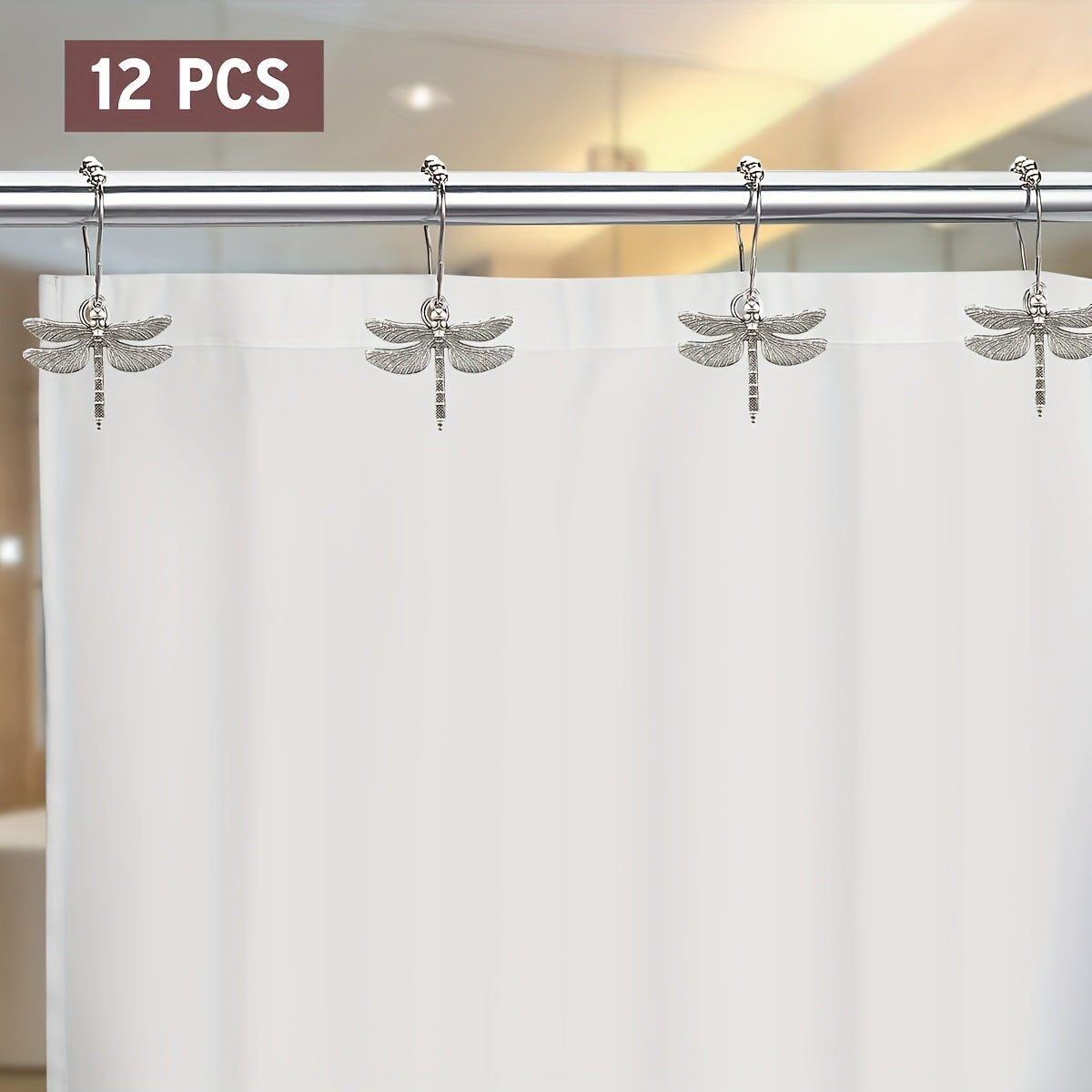 Dragonfly Shower Curtain Hooks Set of 12 – Decorative Metal Anti-Rust Spring Insect Theme Ball Sliding Easy Install Bathroom Rings, Silver or Black