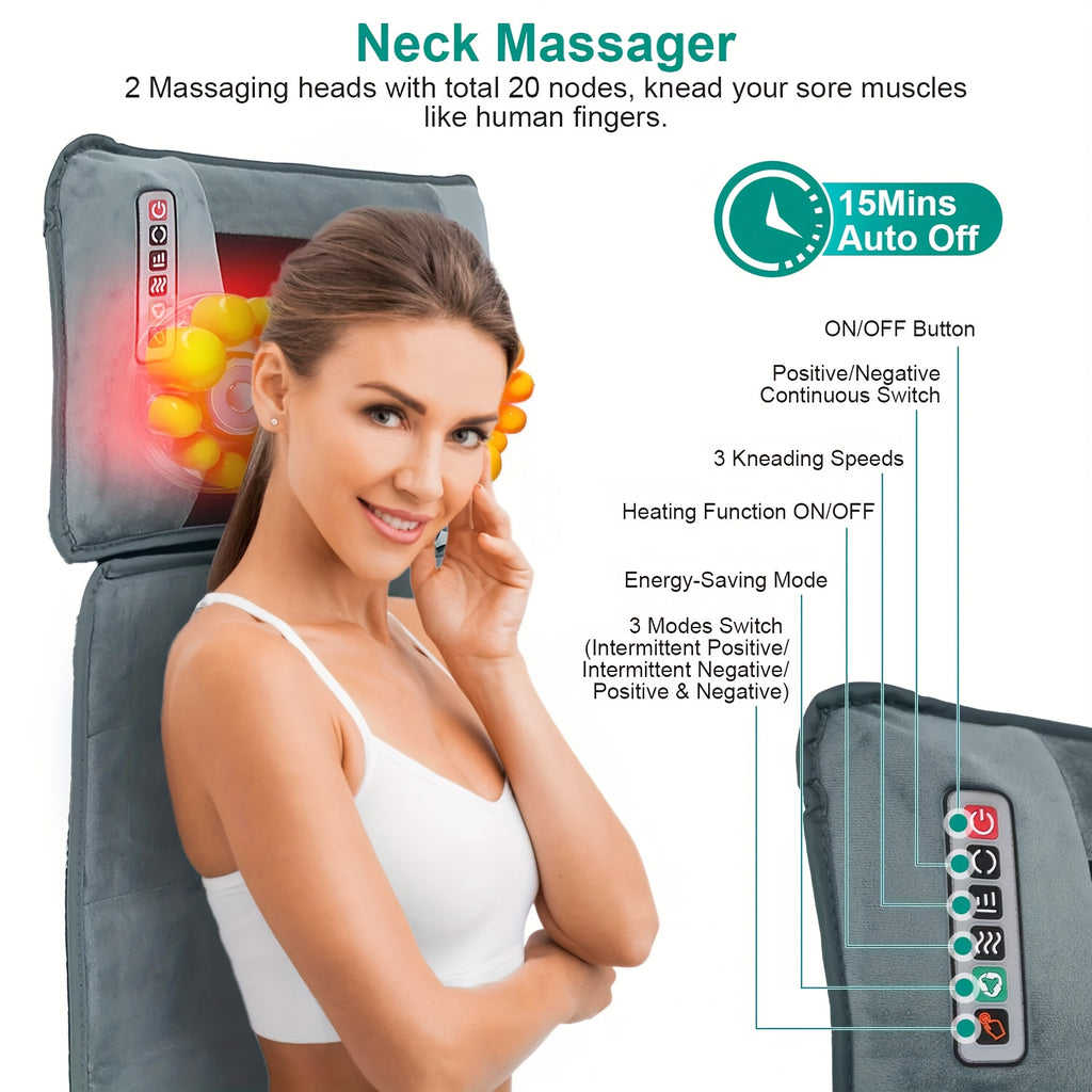 Full Body Massage Mat with Heat & 9 Vibration Modes – Shiatsu Neck Massager Acupressure Kneading for Neck Back Waist Hip Leg, Smart Timer Storage Bag, Gift for Mom Dad