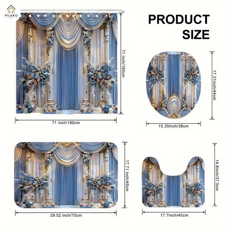 4-Piece Vintage Shower Curtain Set with Hooks, Non-Slip Floor Mat, Toilet U-Mat & Lid Cover — Waterproof Odor-Free Decorative Bathroom Ensemble, Ideal Gift
