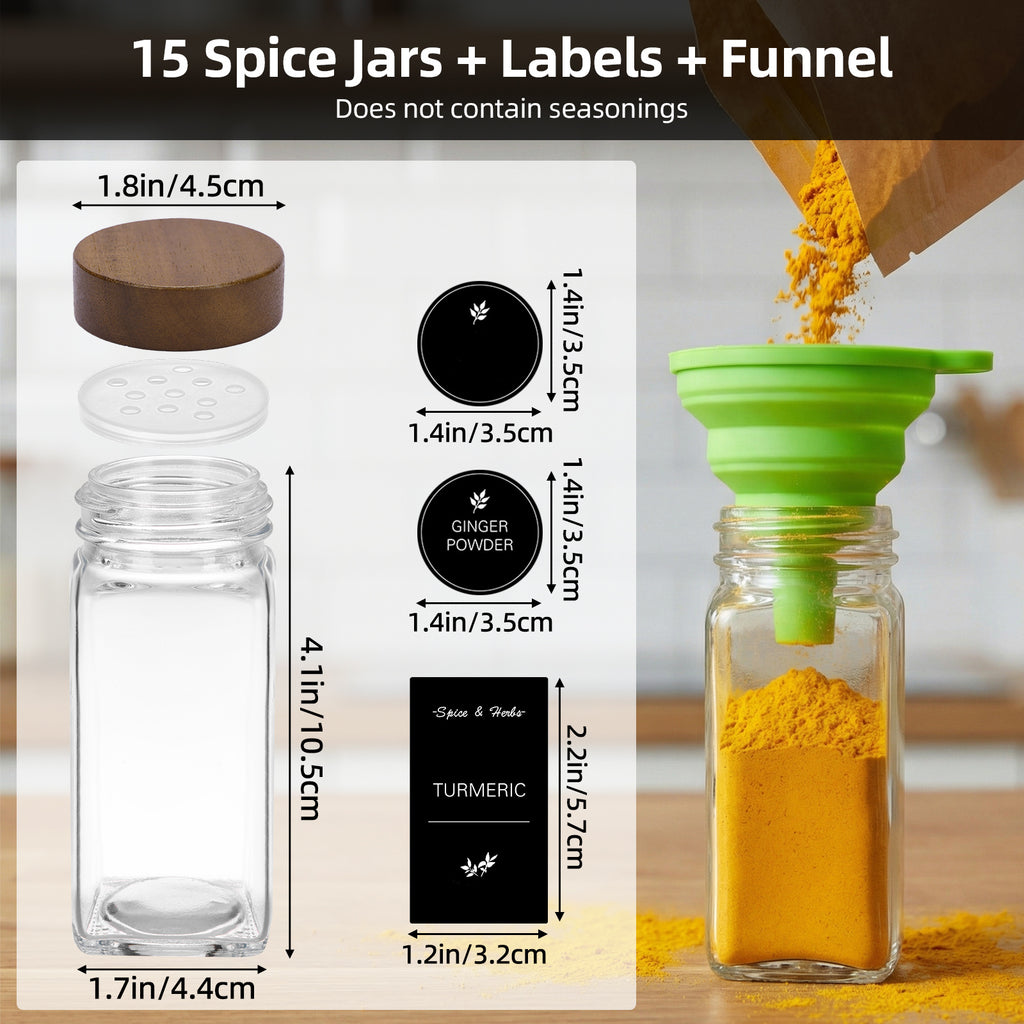 Glass Spice Jars Set with Acacia Wood Lids - 4oz Square Spice Bottles with Shaker Lids, Labels & Grinders for Kitchen Spice Storage and Organization