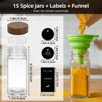 Glass Spice Jars Set with Acacia Wood Lids - 4oz Square Spice Bottles with Shaker Lids, Labels & Grinders for Kitchen Spice Storage and Organization