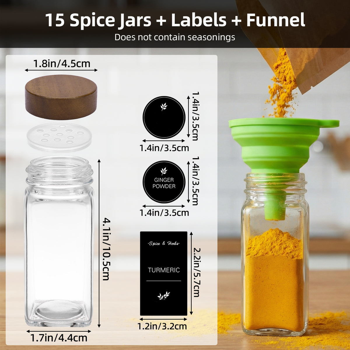 Glass Spice Jars Set with Acacia Wood Lids - 4oz Square Spice Bottles with Shaker Lids, Labels & Grinders for Kitchen Spice Storage and Organization