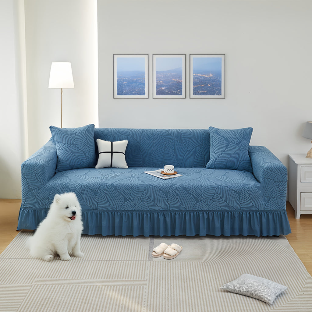 Luxury Skirted Sofa Cover Full Coverage Stretch Velvet Slipcover – Anti-Slip Pet-Friendly Couch Protector for 1/2/3/4-Seater, Soft Warm Furniture Cover in Navy Blue & Charcoal Gray for Winter Christmas Home Decor