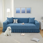 Luxury Skirted Sofa Cover Full Coverage Stretch Velvet Slipcover – Anti-Slip Pet-Friendly Couch Protector for 1/2/3/4-Seater, Soft Warm Furniture Cover in Navy Blue & Charcoal Gray for Winter Christmas Home Decor