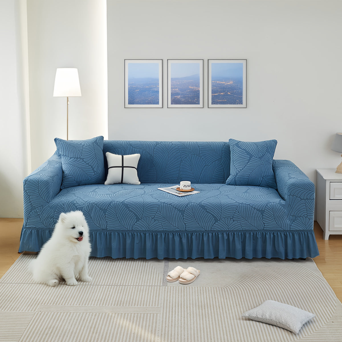 Luxury Skirted Sofa Cover Full Coverage Stretch Velvet Slipcover – Anti-Slip Pet-Friendly Couch Protector for 1/2/3/4-Seater, Soft Warm Furniture Cover in Navy Blue & Charcoal Gray for Winter Christmas Home Decor