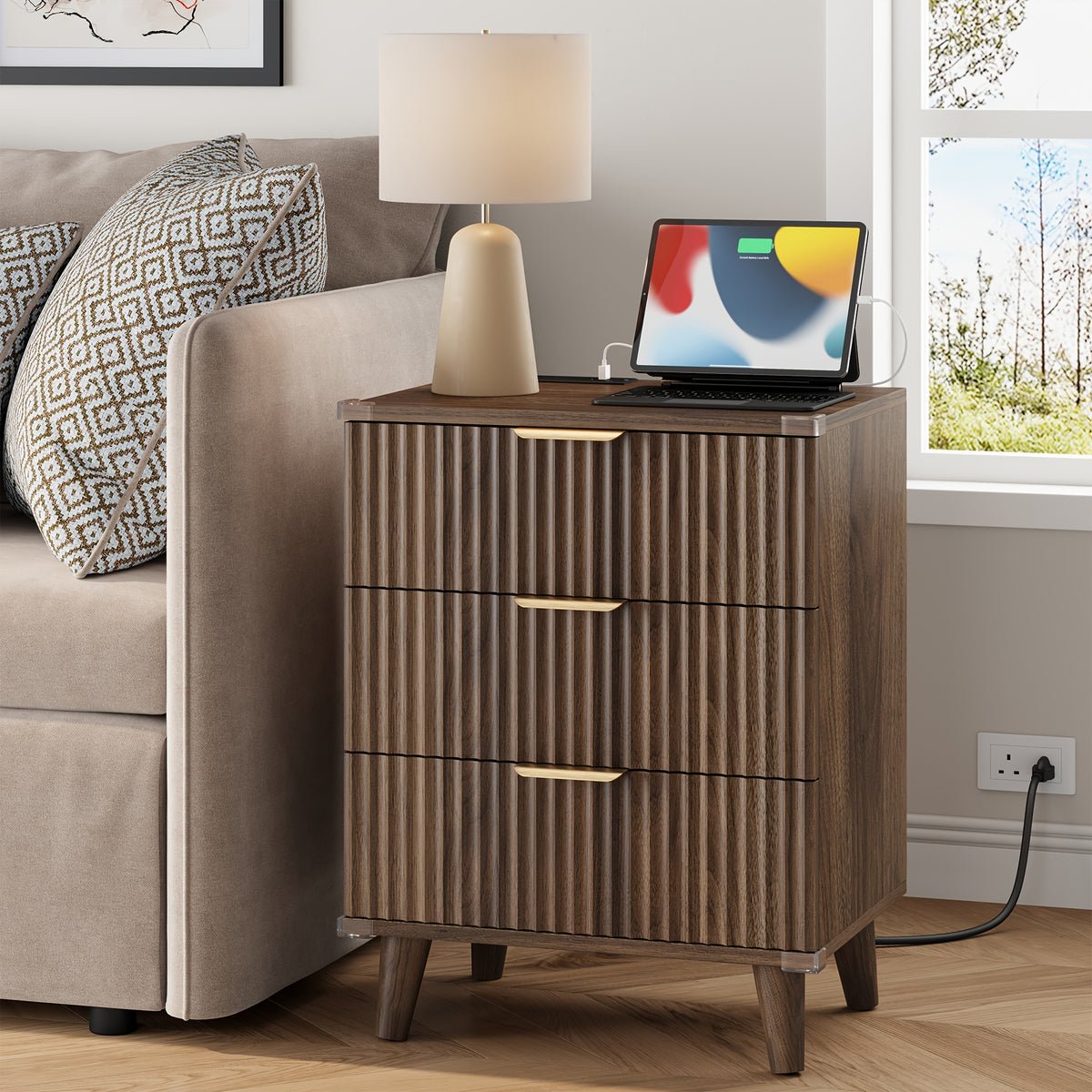 Nightstand with Charging Station – 3-Drawer Bedside Table with 2 USB Ports & 2 AC Outlets, Small Bedroom Side Table | Set of 1 or 2 | Wood, Black, White, Brown