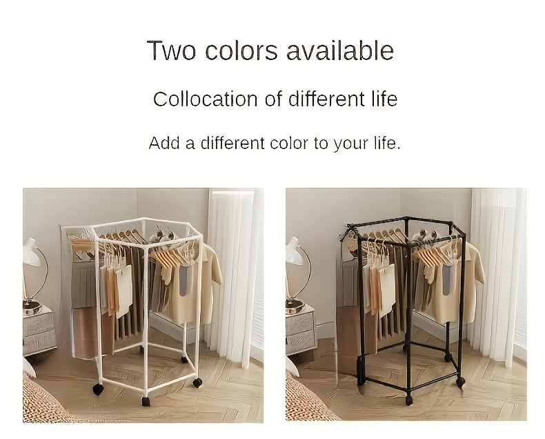 Hexagonal Rotating Clothes Rack with Wheels Large Capacity Freestanding Garment Rack for Bedroom Closet Entryway