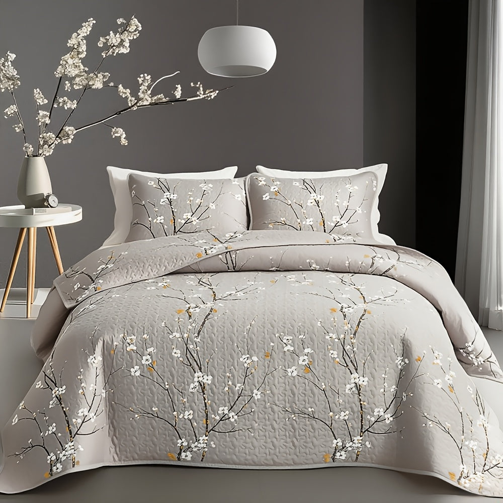 Plum Blossom Quilt Set 2 3 Piece - Soft Breathable Hypoallergenic Quilted Bedspread with Pillowcases Twin Full Queen King Machine Washable