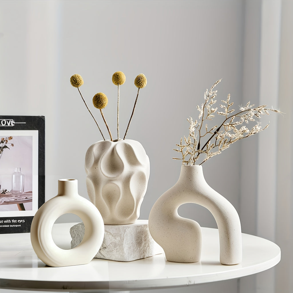 3-Piece Ceramic Vase Set for Home Decor – Bohemian Farmhouse Style Beige Decorative Vases for Pampas Grass, Living Room, Bedroom, Kitchen, Entryway & Mantel