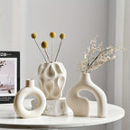 3-Piece Ceramic Vase Set for Home Decor – Bohemian Farmhouse Style Beige Decorative Vases for Pampas Grass, Living Room, Bedroom, Kitchen, Entryway & Mantel
