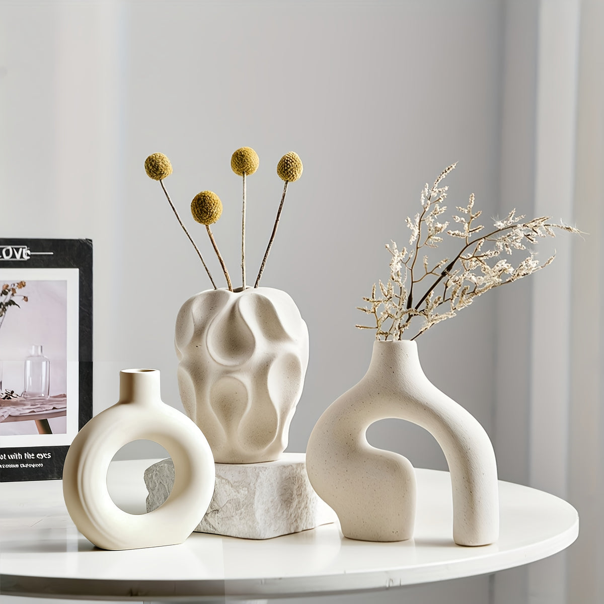 3-Piece Ceramic Vase Set for Home Decor – Bohemian Farmhouse Style Beige Decorative Vases for Pampas Grass, Living Room, Bedroom, Kitchen, Entryway & Mantel