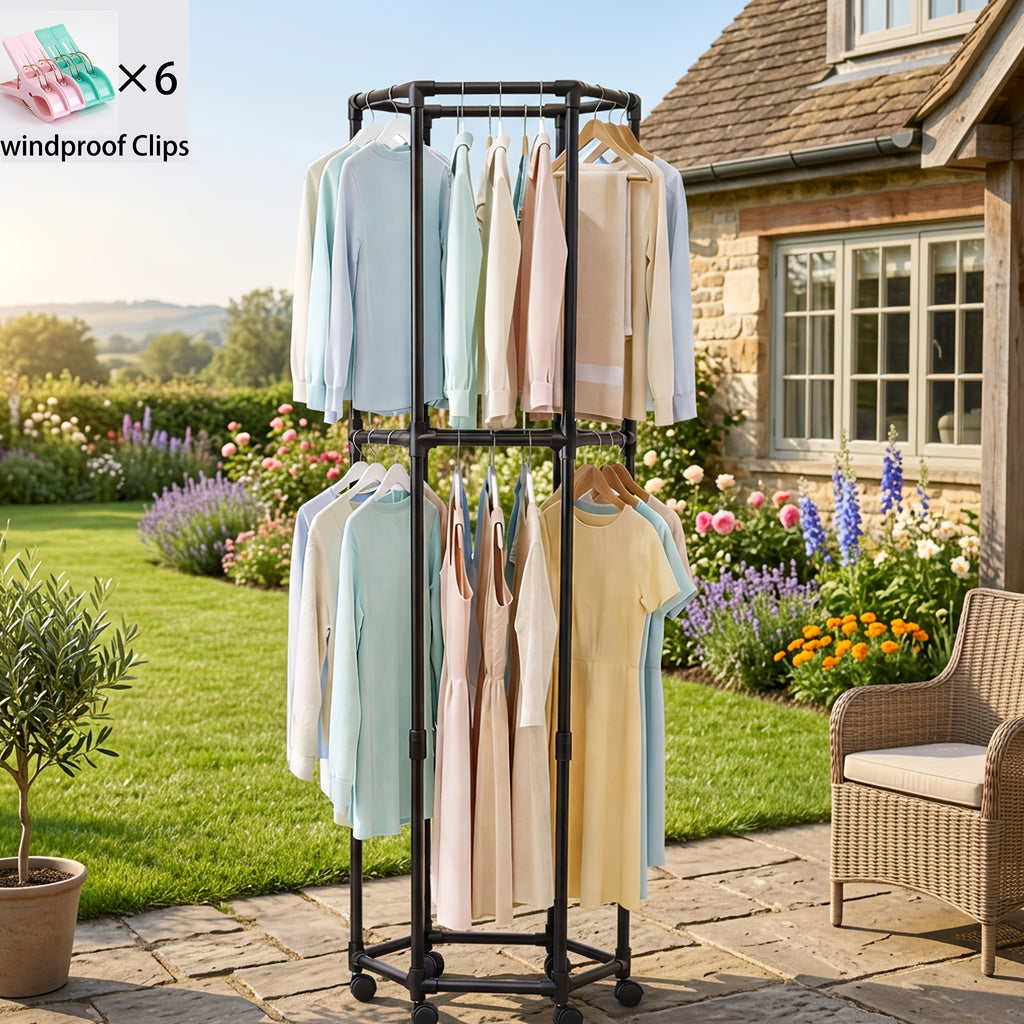 360° Rotating Clothes Rack with Wheels Heavy Duty Metal Hexagonal Garment Organizer for Bedroom Closet Laundry Room