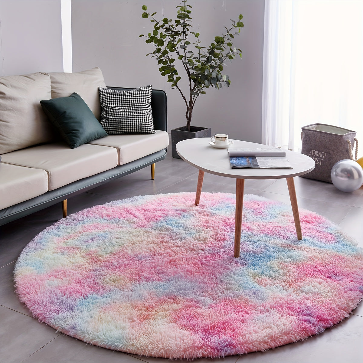 Round Shaggy Rug Soft Fluffy Plush Circular for Bedroom & Living Room – Easy Clean, Tie-Dye & Solid Colors, 3 Sizes 4x4 5x5 6x6ft