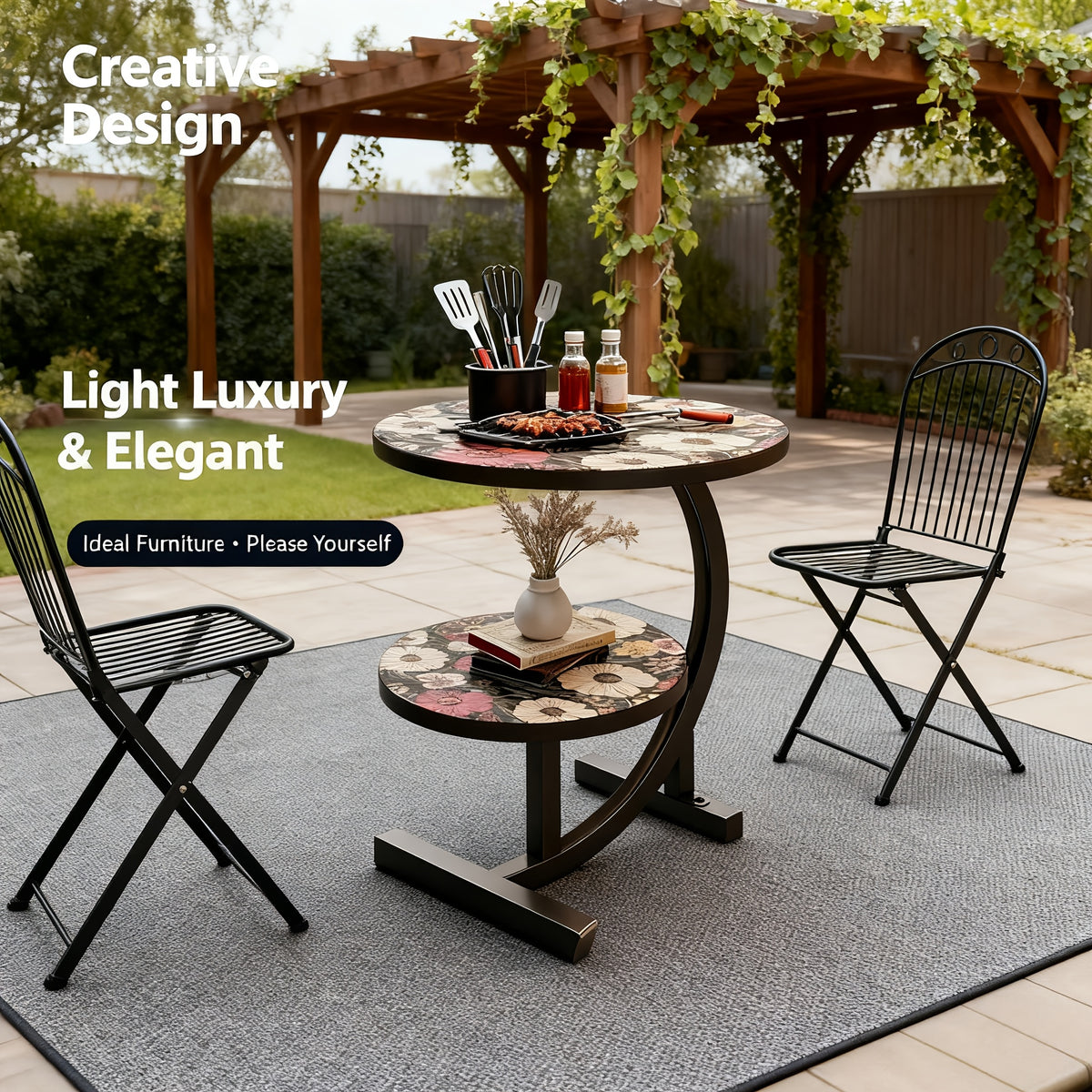 2-Tier Metal Outdoor Side Table, Floral Round Balcony & Patio Table, Sturdy Compact Design, Easy Assembly, for Patio, Courtyard, Balcony & Garden — Multiple Styles