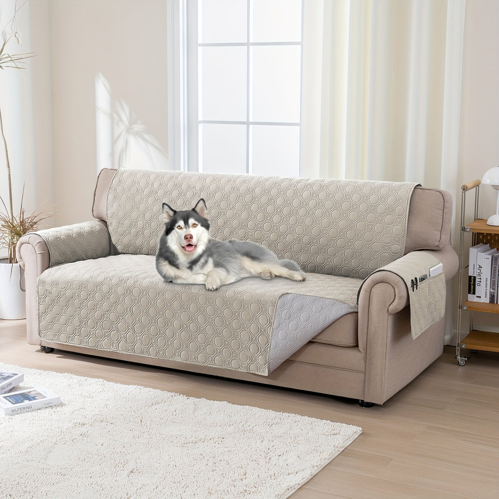 Liquid-Resistant Sofa Cover with Pocket, Geometric Pattern Couch Slipcover Furniture Protector for Pets, Washable Thick Soft 1 2 3 4 Seat Sizes Chair Loveseat Sofa