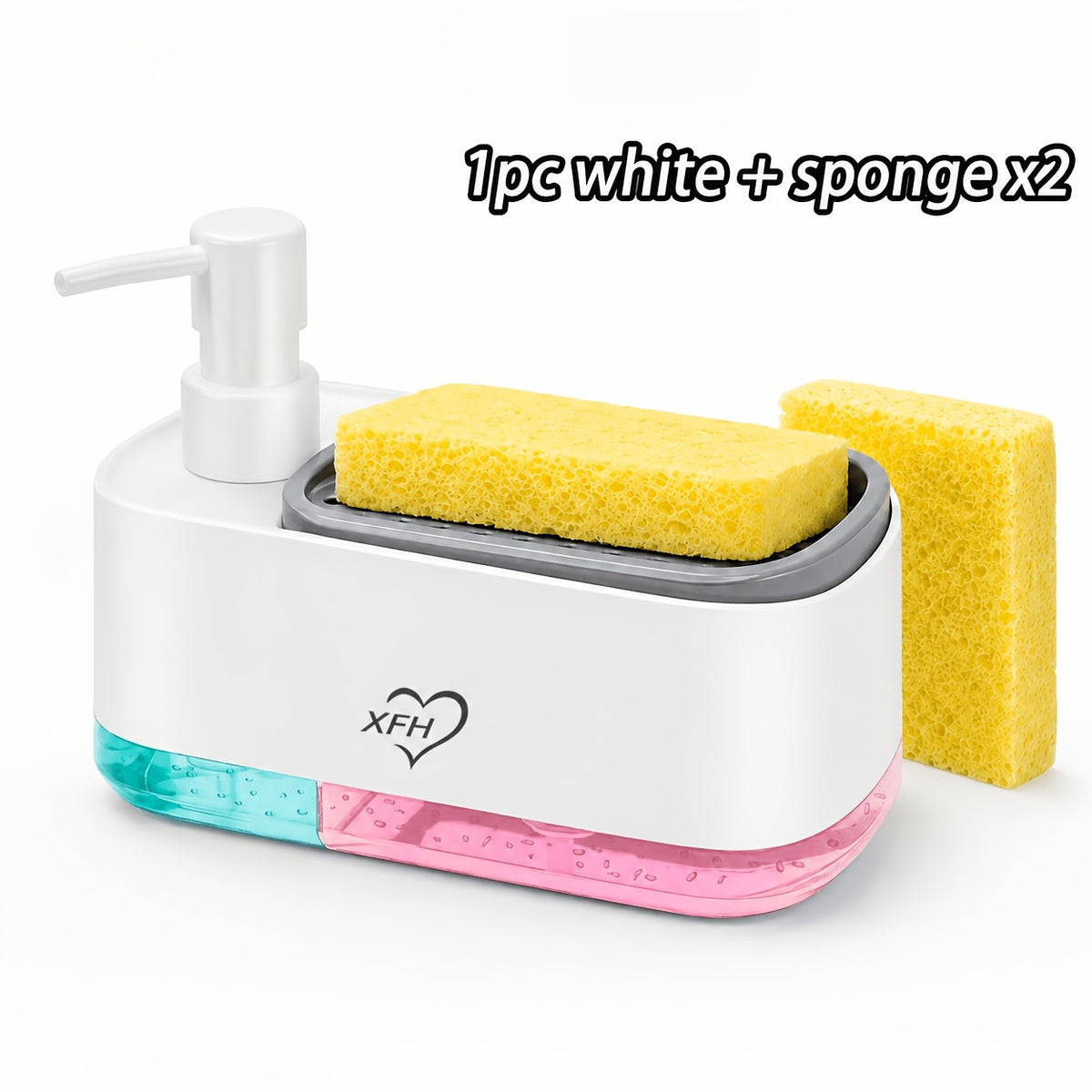 Kitchen Soap Dispenser with 2 Sponges & Dish Brush Holder | BPA-Free Refillable Transparent Pump Dispenser for Sink | Compact Square Design | Black or White