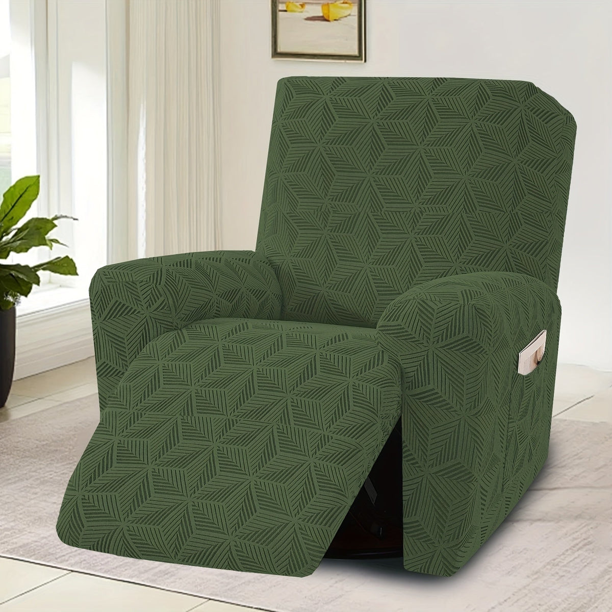 Stretch Spandex Armchair Slipcover with 2 Side Pockets & 2 Armrest Covers, 84% Polyester Jacquard Sofa Cover, Washable Pet Proof Furniture Protector for Living Room & Office, Peacock Blue Green Gray Khaki Coffee