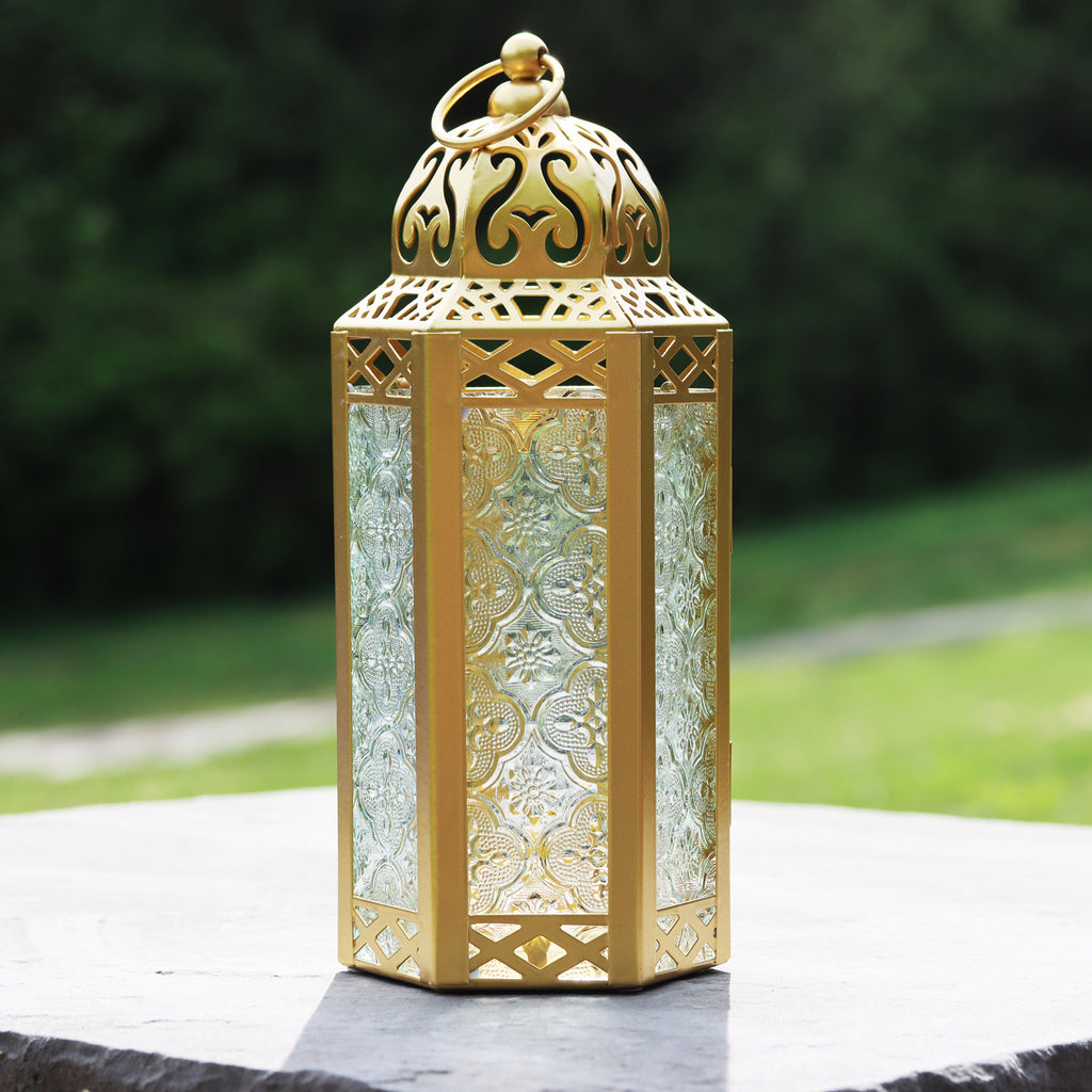 Moroccan Candle Lantern Holder Medium 10.5 Inch – Handcrafted Glass Iron Metal Lantern with Embossed Floral Panels, 17 Colors, Indoor Outdoor Use for Ramadan, Wedding, Patio, Diwali & Home Decor
