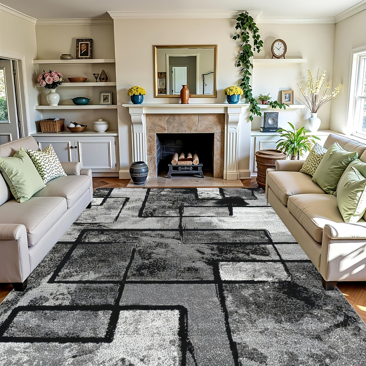 Luxury Velvet Area Rug Non-Slip Machine Washable, Geometric Print Fluffy Polyester Carpet for Living Room Bedroom Kitchen, 7 Sizes Available