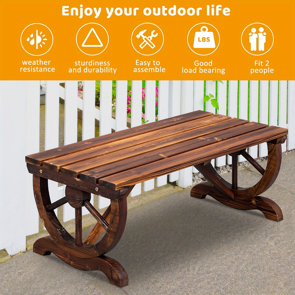Rustic Hardwood Garden Bench 2-Person Wagon Wheel Design – Heavy-Duty Wide Seat & Curved Backrest Outdoor Patio Bench for Porch & Backyard